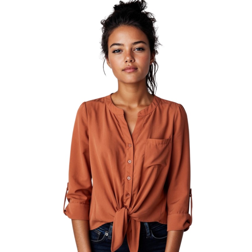 2b Bebe Rust Red Front Tye Sheer Blouse